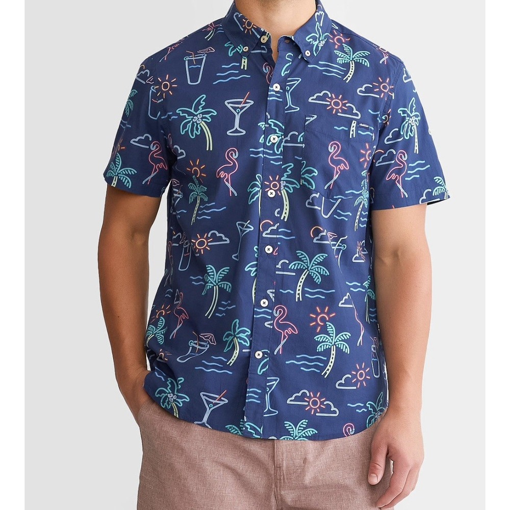 Chubbies Neon Lights Shirt Men Small Blue Hawaiian Button Down Short Sleeve NWT